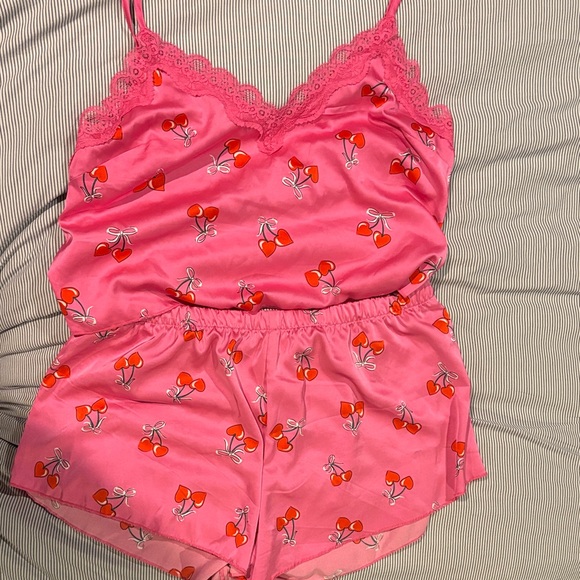 Pink Cherry Print Lace Trim Sleepwear Set - Picture 1 of 4